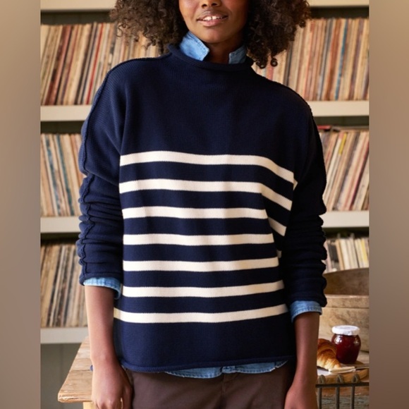Frank & Eileen Sweaters - Frank & Eileen Monterey Rolled Funnel Neck Striped Italian Cotton Sweater XS